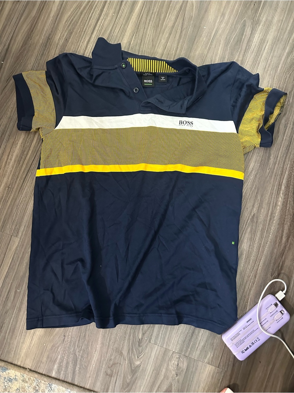 Boss Navy Polo with Yellow & White Stripes